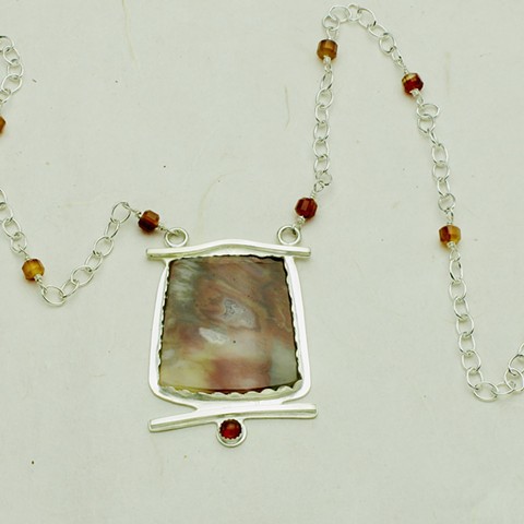Petrified wood & fire opal pendant on carnelian & silver chain #906