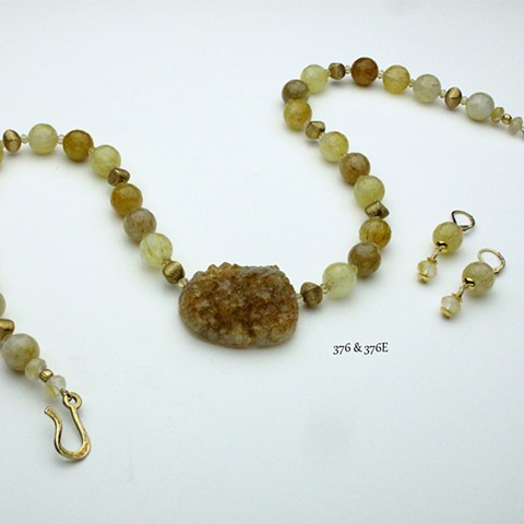 natural crystallized citrine focal stone with faceted rutilated quartz accented with faceted citrine &  vermeil beads and clasp (22") (#376) coordinating earrings (#376e)