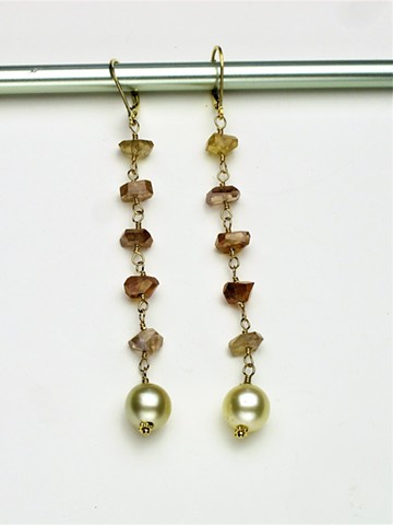 rough cut peach hued wire wrapped sapphires w/
South Sea pearls on G/F leverbacks 
(hang 3" ) (#736E)