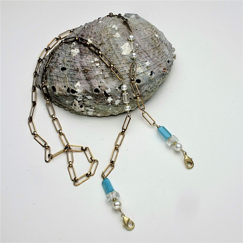 vintage brass chain w/ wire wrapped turquoise & clear art glass beads & pearls, lobster clasps to attach to mask, 36" (#764)