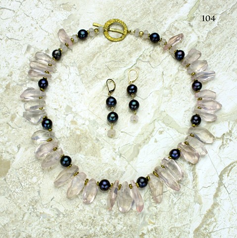  unusually cut Madagascan rose quartz prisms, peacock pearls, brass beads, bronze clasp (#104) coordinating earrings on g/f leverbacks (#104E)