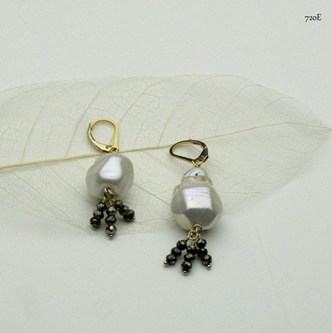baroque pearl with 3 pyrite dangles on gold filled leverbacks (#720E)