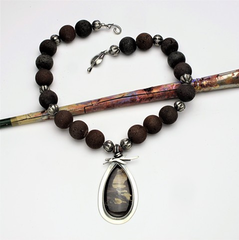 Western landscape: Seschutes jasper silver pendant paired with lava rock and silver beads, finished with a silver leaf clasp, 19", pendant hangs 2 1/2" (#959) 