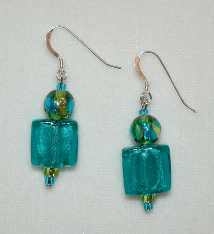 Square-shaped murano style foil-lined glass bead Earrings in aqua accented with round bead of green/aqua/gold mix on Sterling silver French ear wires