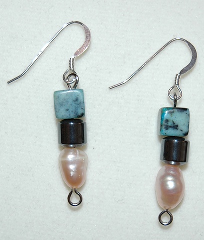 Ocean Turquoise Jasper, Hematite, and Freshwater Pearl Earrings on Sterling silver French Ear wires