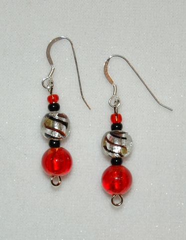 Round red Murano style glass Earrings and silver glass with red and black swirl