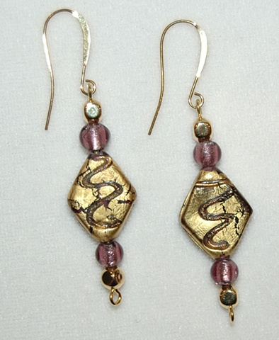 Incised 22K gold leaf over amethyst glass Earrings with murano style amethyst glass round bead accents