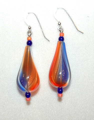 Elongated tear-shaped Cobalt and Orange Blown Glass Earrings on Sterling silver French ear wires