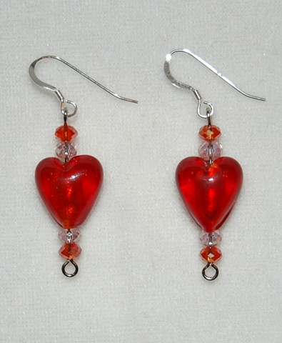 Red heart-shaped murano style glass Earrings with crystal bead accents