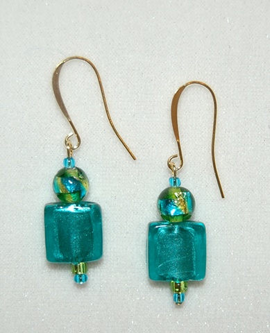 Square-shaped murano style foil-lined glass bead Earrings in aqua accented with round bead of green/aqua/gold mix