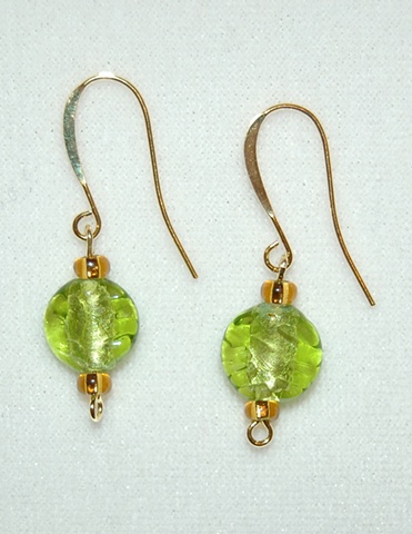 Flat, round, lime green, foil-lined faceted Glass Earrings accented with amber glass seed beads 