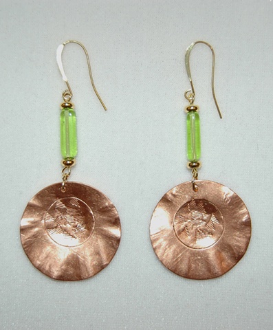 Hammered and stamped copper disc Earrings with lime green tube-shaped glass bead accent