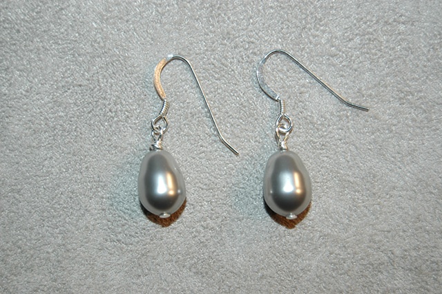 Swarovski Light Grey Glass Pearl Teardop Earrings on sterling silver ear wires