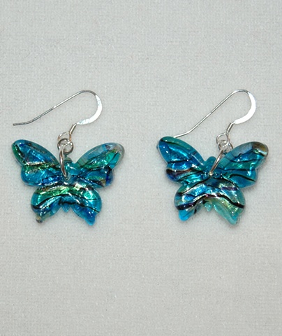 Blue and green glass Butterfly Earrings on Sterling silver French ear wires