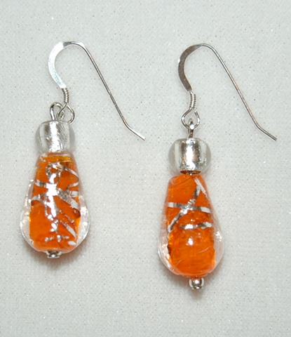 Orange-lined teardrop-shaped glass bead Earrings with silver swirl accented with silver Murano style glass bead 