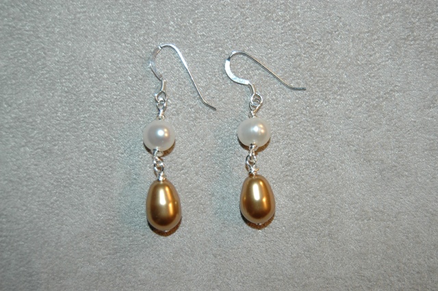 Swarovski Gold Glass Teardrop Pearl Earrings with Freshwater pearl on Sterling Silver ear wire