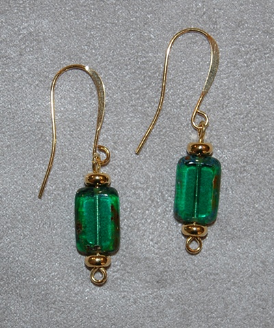 Picasso Style Czech Glass Earrings in emerald green.