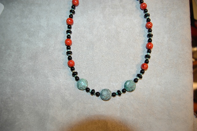 African Turquoise and Red Sponge Coral Necklace with Sterling Silver clasp.