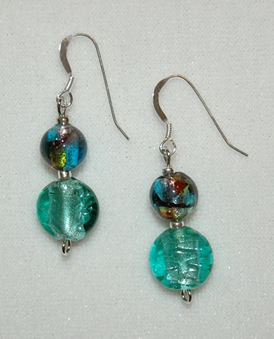 Flat, round, aqua, foil-lined faceted Glass Earrings accented with green/aqua/amethyst mix bead  