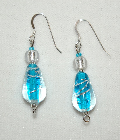 Aqua-lined teardrop-shaped glass bead Earrings with silver swirl accented with silver Murano style glass bead