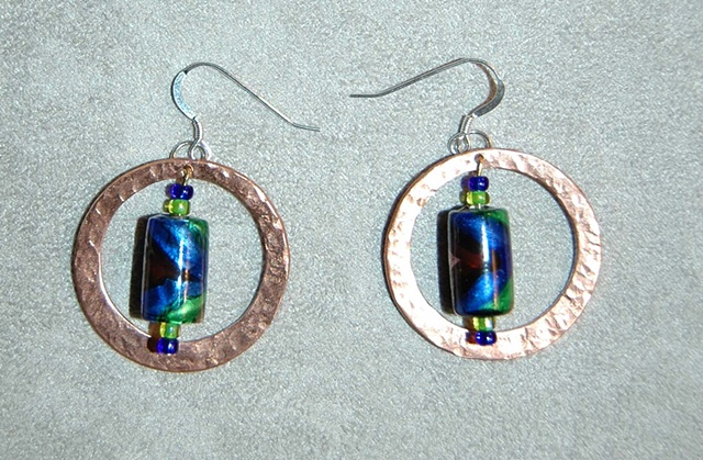 Hammered Copper Earring with Foiled Glass Bead