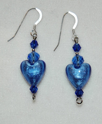 Heart shaped cobalt blue murano style glass earrings with crystal accent beads