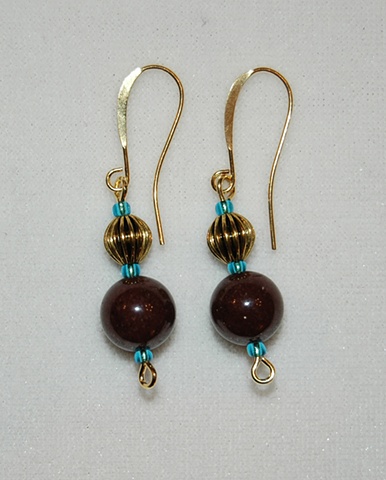Round Brownstone bead Earrings accented with Corrugated goldtone metal bead and aqua glass seed beads 