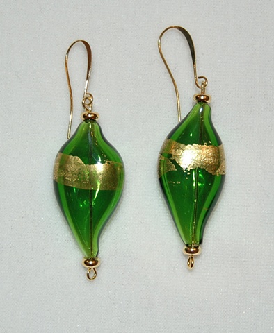 Elongated Green Blown Glass Earrings with Gold Leaf accented with gold plated heishi spacers