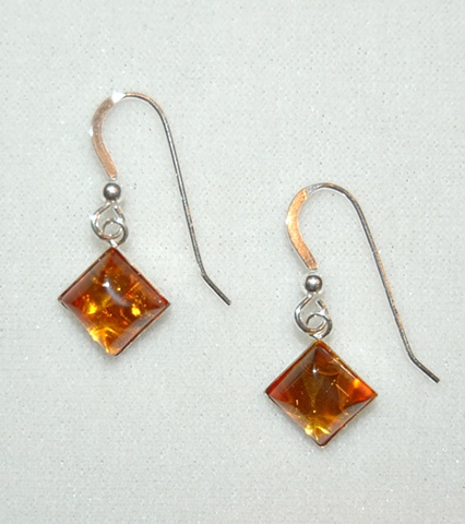 Amber drop earrings, diamond-shaped, set in Sterling silver on Sterling silver French ear wires.