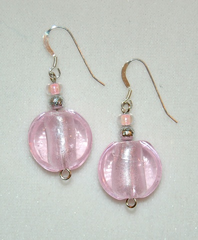 Murano style glass bead Earrings,  in a whisper of pink, puff coin shape accented with silver tone stippled bead 