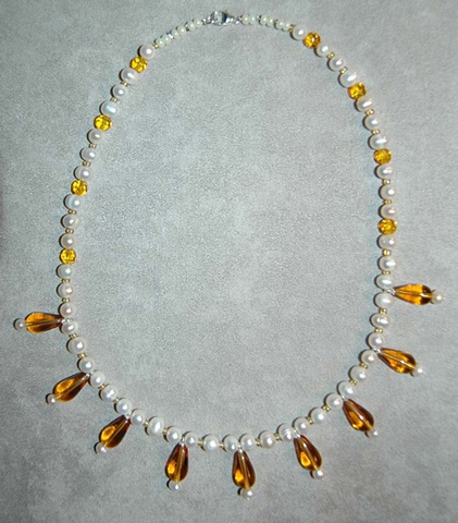 Freshwater Pearl Necklace with Amber Glass Teardops with Sterling Silver clasp