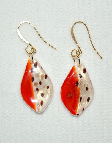 Leaf-shaped glass Earrings half orange, half white speckled with dabs of brown and gold 