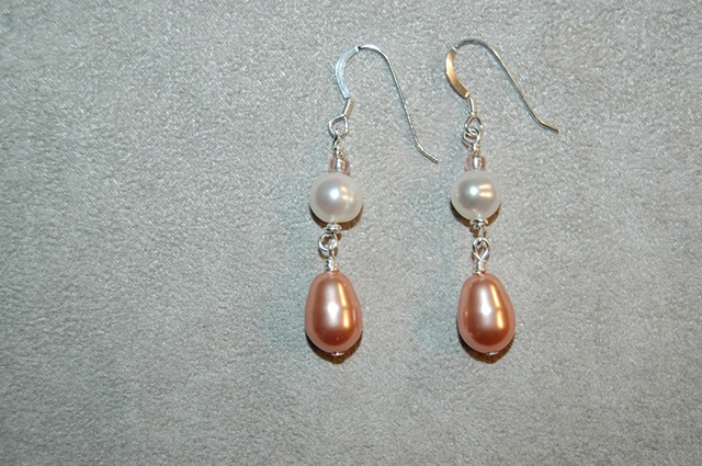 Swarovski Rose Glass Pearl Teardrop Earrings with white freshwater pearl on sterling silver ear wires