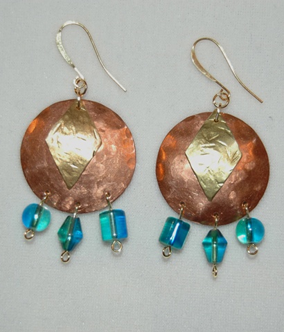 Hammered Copper and Brass Earrings with glass beads