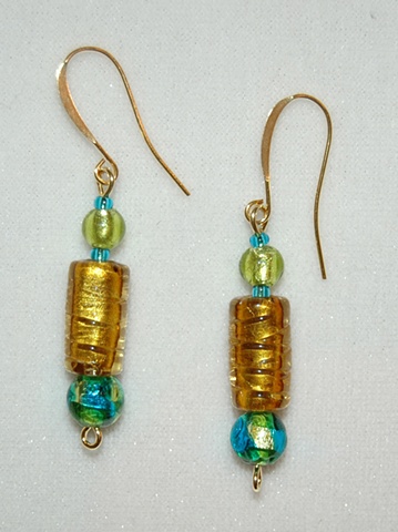 Amber colored foil lined glass bead Earrings, tube shaped, accented with lime green murano style glass bead and aqua/green/gold color mix bead