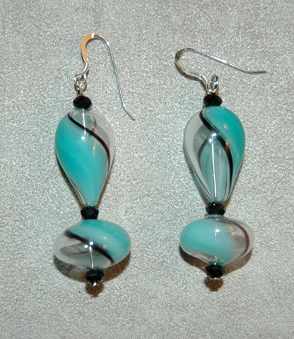 Blown Glass Earrings in swirls of Aqua and Black with Black crystal accents 