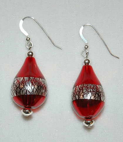 Blown Glass Earrings in Red with silver leaf and Sterling silver spacers