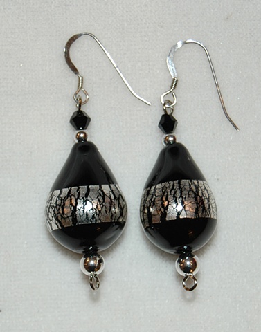Tear-drop shape Black Blown Glass Earrings with Silver Leaf accented with round Sterling beads and one black crystal on Sterling silver French wires 