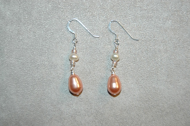 Swarovski Tear-shaped Rose Glass Pearl Earrings with Freshwater pearl on sterling silver ear wires.