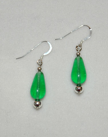 Emerald green tear-shaped glass earrings with sterling silver beads