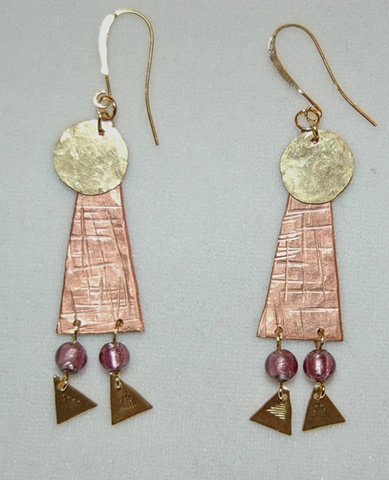 Hammered/incised copper polygon Earrings with round hammered brass and murano style glass accents 