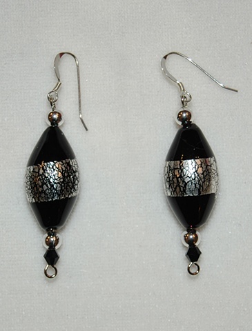 Tapered Black Blown Glass Earrings with Silver Leaf, Sterling and Crystal beads