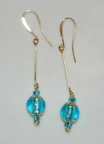 Aqua murano style glass Earrings with filigreed bead caps on long gold eye wire