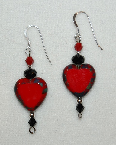 Heart shaped ruby red Picasso style Czech glass earrings with crystal beads