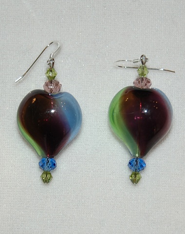 Heart-shaped Blown Glass Earrings in swirls of deep purple, green and blue with crystal bead accents
