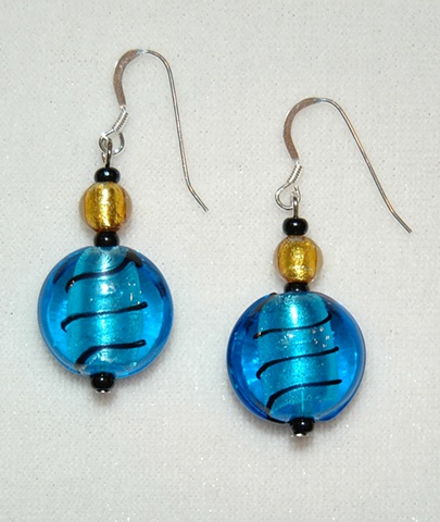 Foil-lined Blue glass puff coin shape Earrings accented with round amber Murano style glass and black seed beads 