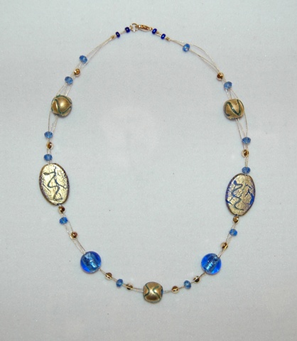 22K Gold Leaf over Blue Glass Beads with Murano style cobalt blue and crystal beads