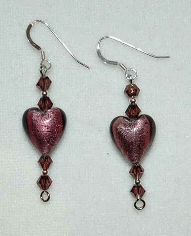Heart shaped amethyst murano style glass earrings with crystal bead accents