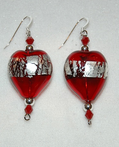 Red Heart-shaped blown glass earrings with silver leaf