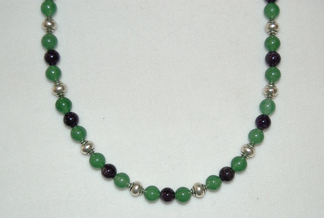 Necklace of Semi-precious Green Adventurine and dark Amethyst Gemstones with Silvertone spacer beads